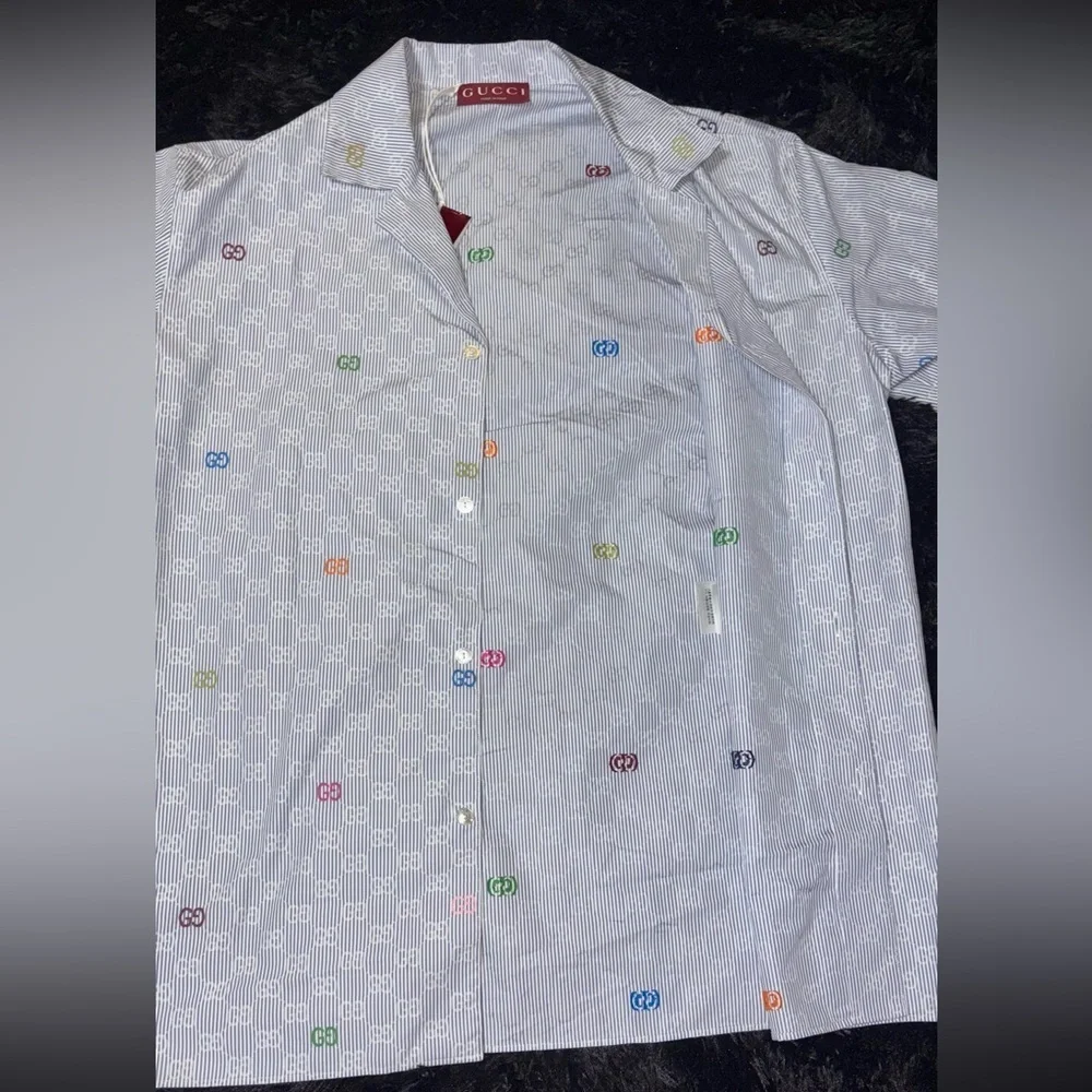 Gucci Blue Striped Short Sleeves Cotton Bowling Shirt